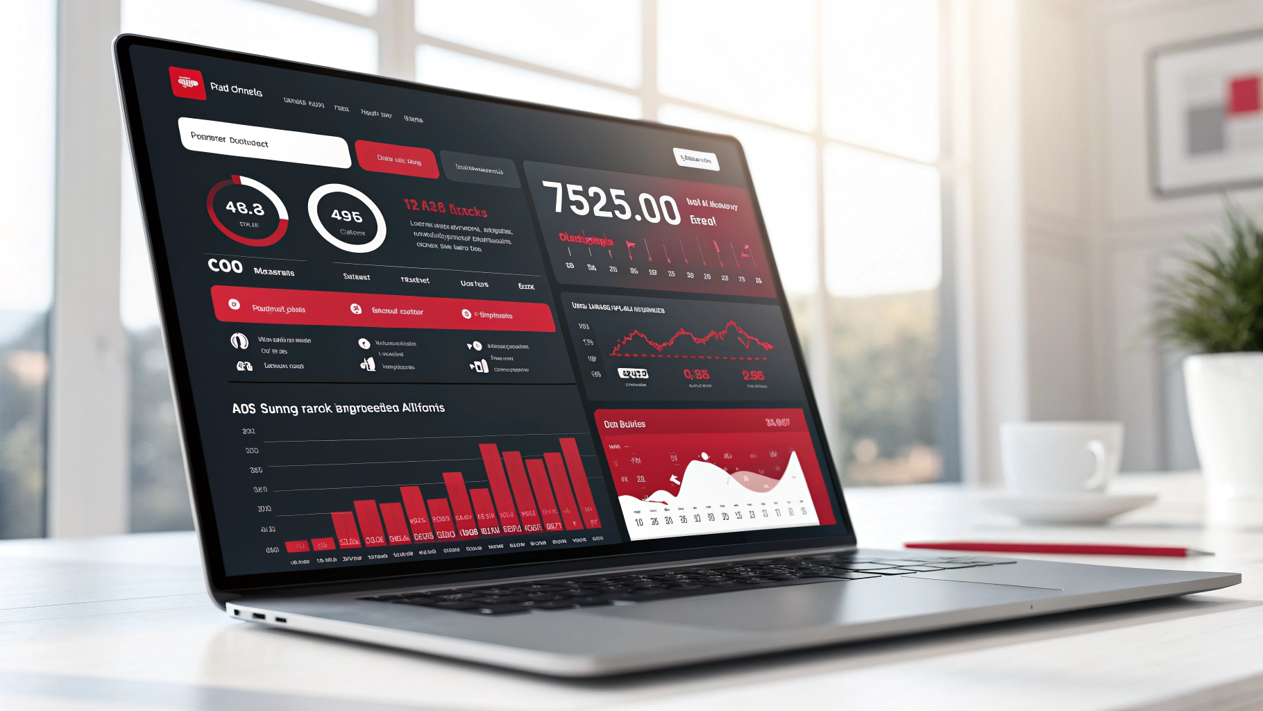 High-tech digital marketing growth analytics dashboard showing visual data charts and metrics