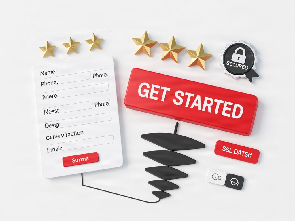 Conversion optimization elements including CTA button, lead form, trust signals, and user journey funnel