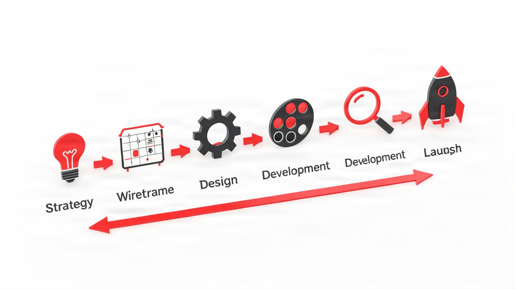 Landing page development process showing strategy, wireframe, design, development, testing and launch stages