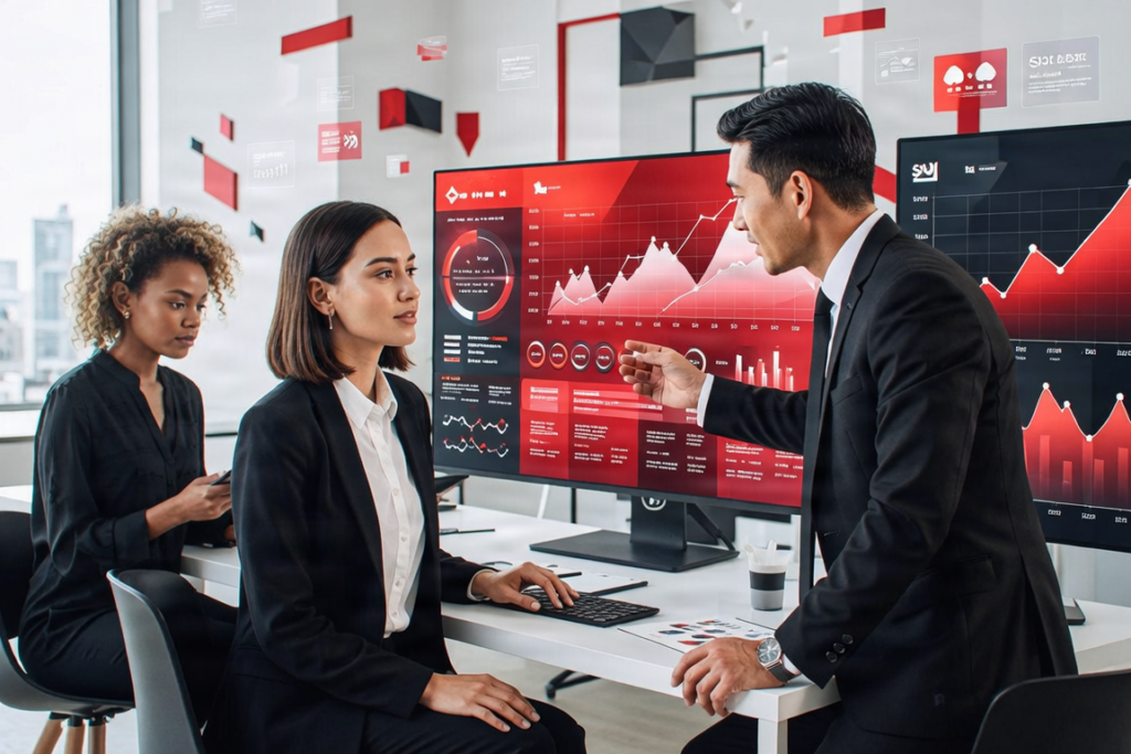 Professional digital marketing services illustration featuring SEO, social media, and analytics icons in a modern, premium style.