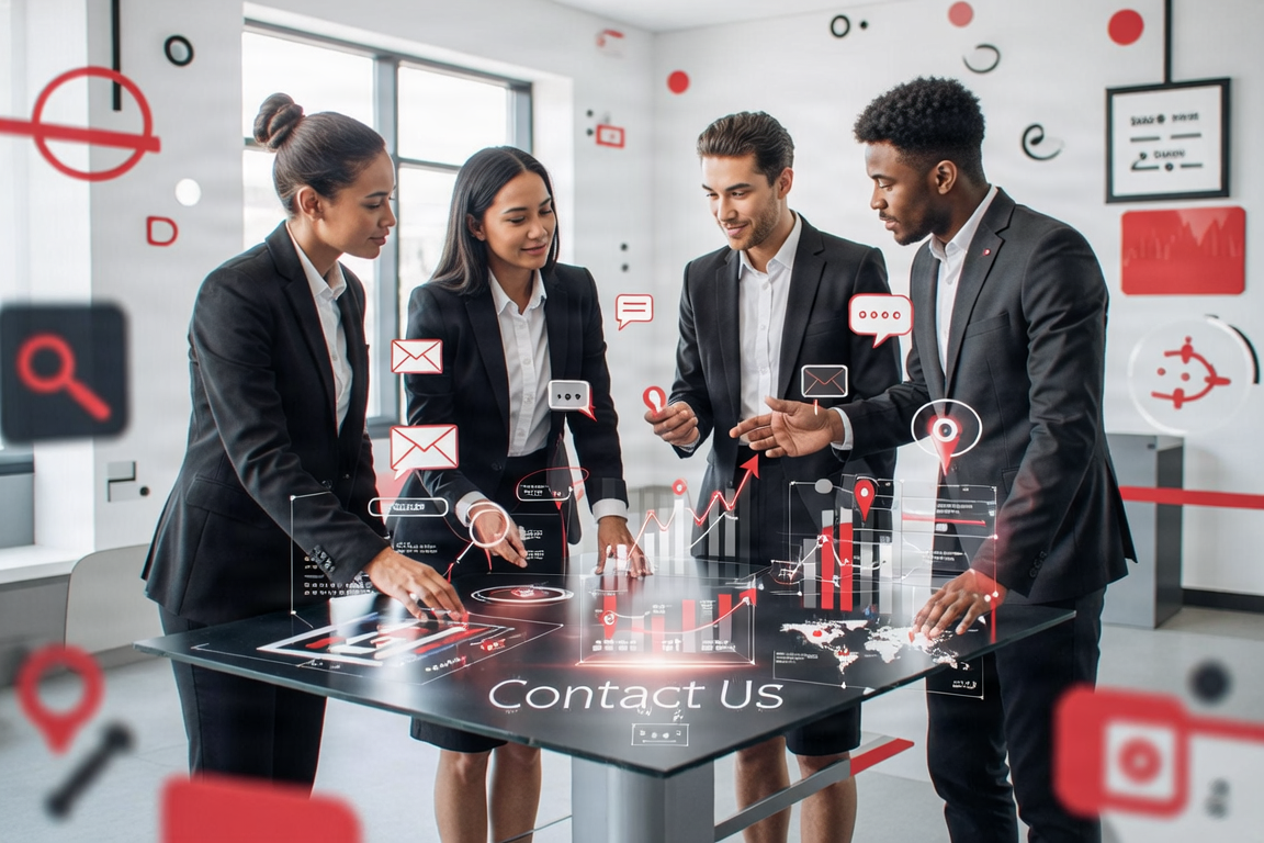 Modern digital marketing communication illustration with growth icons and SEO strategy visuals.